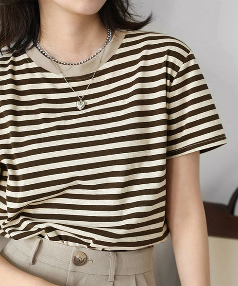 ボーダーtシャツ半袖 レディース 韓国風 涼しいボーダートップス おしゃれ夏服 着やせ ラウンドネックTシャツ 配色プルオーバー 薄手カットソーカジュアルきれいめ 84YOUQI-001