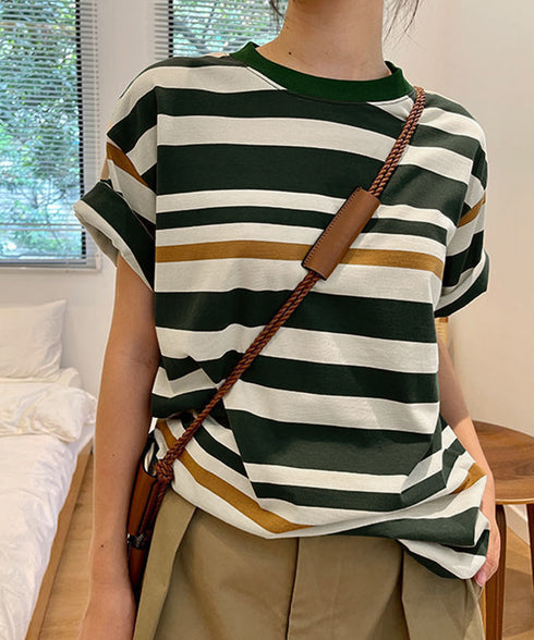 ボーダーtシャツ半袖 レディース 韓国風 涼しいボーダートップス おしゃれ夏服 着やせ ラウンドネックTシャツ 配色プルオーバー 薄手カットソーカジュアルきれいめ 84YOUQI-001