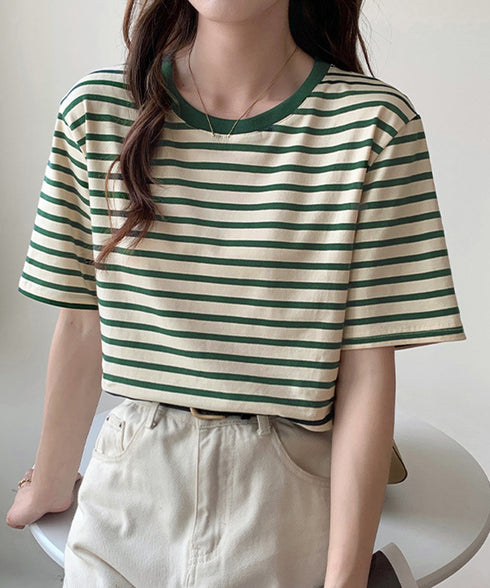 ボーダーtシャツ半袖 レディース 韓国風 涼しいボーダートップス おしゃれ夏服 着やせ ラウンドネックTシャツ 配色プルオーバー 薄手カットソーカジュアルきれいめ 84YOUQI-001