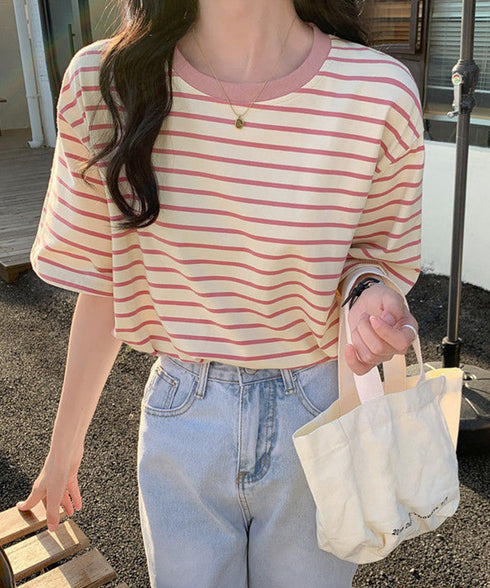 ボーダーtシャツ半袖 レディース 韓国風 涼しいボーダートップス おしゃれ夏服 着やせ ラウンドネックTシャツ 配色プルオーバー 薄手カットソーカジュアルきれいめ 84YOUQI-001