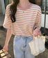 ボーダーtシャツ半袖 レディース 韓国風 涼しいボーダートップス おしゃれ夏服 着やせ ラウンドネックTシャツ 配色プルオーバー 薄手カットソーカジュアルきれいめ 84YOUQI-001