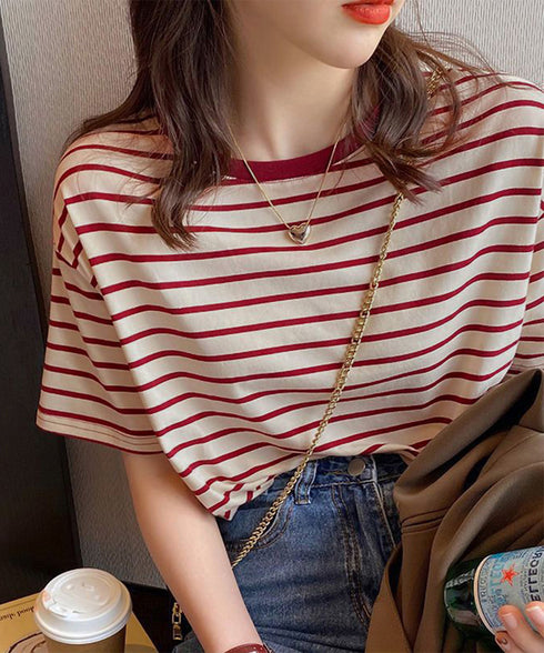 ボーダーtシャツ半袖 レディース 韓国風 涼しいボーダートップス おしゃれ夏服 着やせ ラウンドネックTシャツ 配色プルオーバー 薄手カットソーカジュアルきれいめ 84YOUQI-001