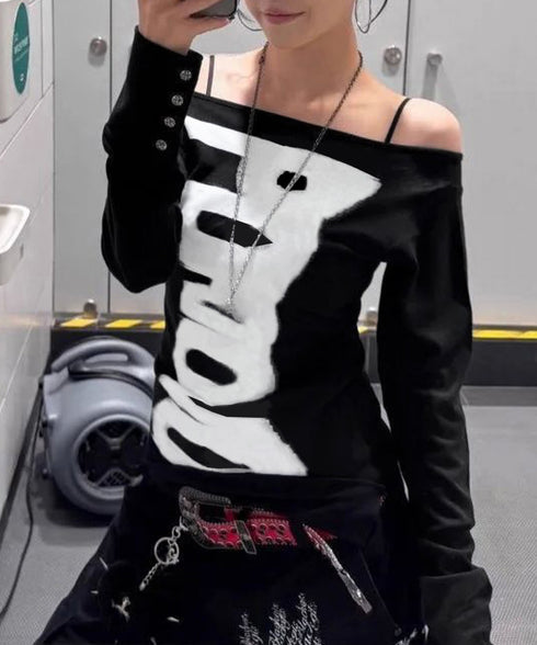 英字ロゴTシャツ オフショルダートップス 前後2way肩出しtシャツ長袖 レディース イラストtシャツ ブラッシュプリントトップス韓国風 ストリートガーリーY2K 84YYXC-001
