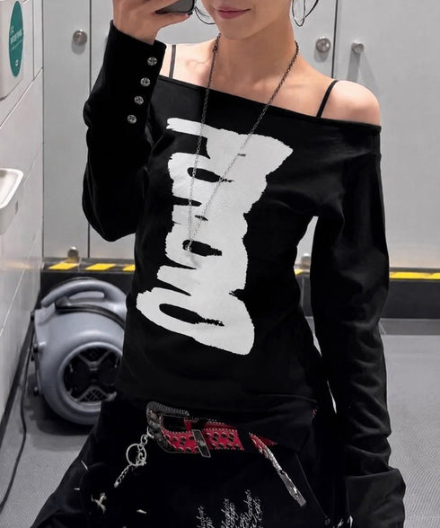 英字ロゴTシャツ オフショルダートップス 前後2way肩出しtシャツ長袖 レディース イラストtシャツ ブラッシュプリントトップス韓国風 ストリートガーリーY2K 84YYXC-001