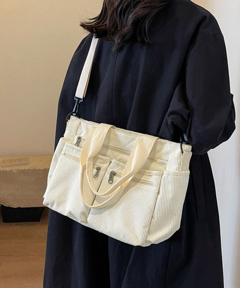 コーデュロイショルダーバッグ 2way鞄 スクエアトートバッグ 大容量 斜め掛けバッグ レディース ファスナー付き ポケット多い鞄 通勤通学かばん軽量 丈夫長持ち 84ZHIB-010