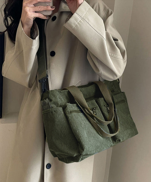 コーデュロイショルダーバッグ 2way鞄 スクエアトートバッグ 大容量 斜め掛けバッグ レディース ファスナー付き ポケット多い鞄 通勤通学かばん軽量 丈夫長持ち 84ZHIB-010