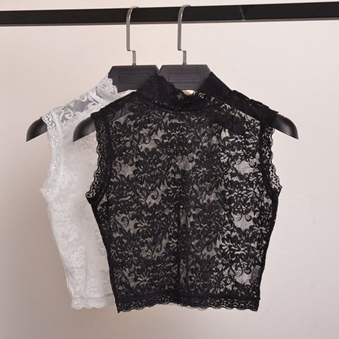 付け襟 花柄レース インナートップス韓国 スタンドカラー 総レースブラウス フリルネック 重ね着レースシャツ きれいめ つけ襟フェミニンシャツつけ衿 つけえり白黒 84AOLAI-001