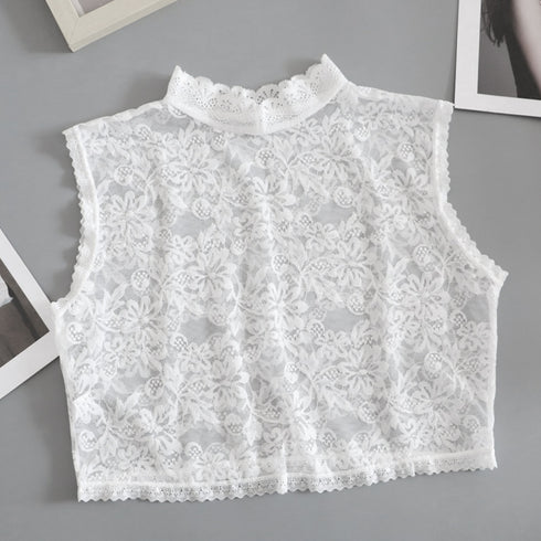 付け襟 花柄レース インナートップス韓国 スタンドカラー 総レースブラウス フリルネック 重ね着レースシャツ きれいめ つけ襟フェミニンシャツつけ衿 つけえり白黒 84AOLAI-001