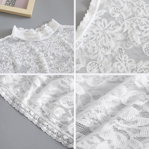 付け襟 花柄レース インナートップス韓国 スタンドカラー 総レースブラウス フリルネック 重ね着レースシャツ きれいめ つけ襟フェミニンシャツつけ衿 つけえり白黒 84AOLAI-001