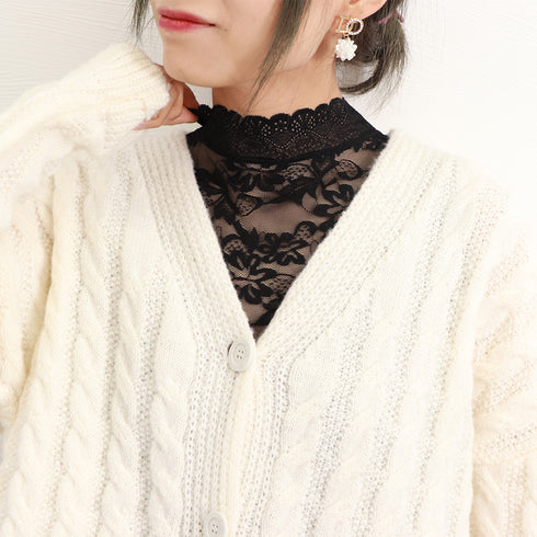 付け襟 花柄レース インナートップス韓国 スタンドカラー 総レースブラウス フリルネック 重ね着レースシャツ きれいめ つけ襟フェミニンシャツつけ衿 つけえり白黒 84AOLAI-001