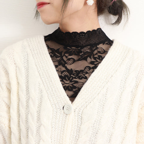 付け襟 花柄レース インナートップス韓国 スタンドカラー 総レースブラウス フリルネック 重ね着レースシャツ きれいめ つけ襟フェミニンシャツつけ衿 つけえり白黒 84AOLAI-001