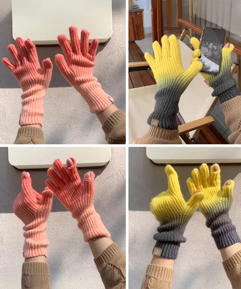 グラデーションニット手袋 スマホ対応手袋 暖かいスマートフォン手袋 レディース大人可愛いリブニットグローブ レインボー毛糸手袋タッチスクリーン対応 防風防寒グッズ 84BAILIAN-001