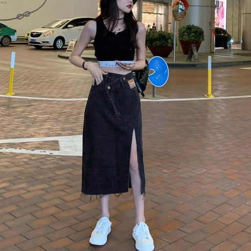 デニムスカート ウエストレイヤード風美脚 スリット ハイウエスト カジュアルスカート 切りっぱなし タイトスカート 韓国ファッション ストレートスカート お洒落 84BIXIN-004