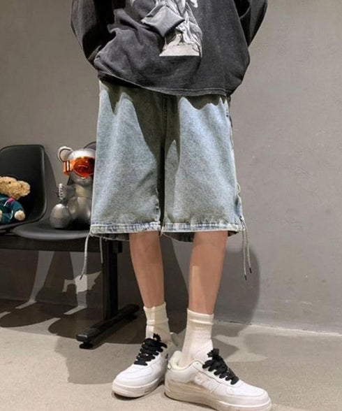 レースアップハーフデニムパンツメンズ夏服 韓国風男女兼用ハーフパンツストリート ワイド短パン ルーズデニムショーツ膝丈Y2K ウエストゴムダンスパンツユニセックス 84BOYUE-001