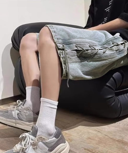 レースアップハーフデニムパンツメンズ夏服 韓国風男女兼用ハーフパンツストリート ワイド短パン ルーズデニムショーツ膝丈Y2K ウエストゴムダンスパンツユニセックス 84BOYUE-001