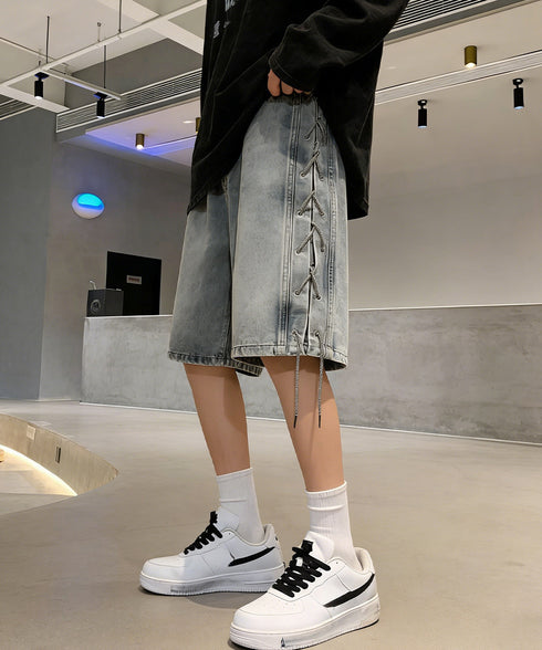 レースアップハーフデニムパンツメンズ夏服 韓国風男女兼用ハーフパンツストリート ワイド短パン ルーズデニムショーツ膝丈Y2K ウエストゴムダンスパンツユニセックス 84BOYUE-001