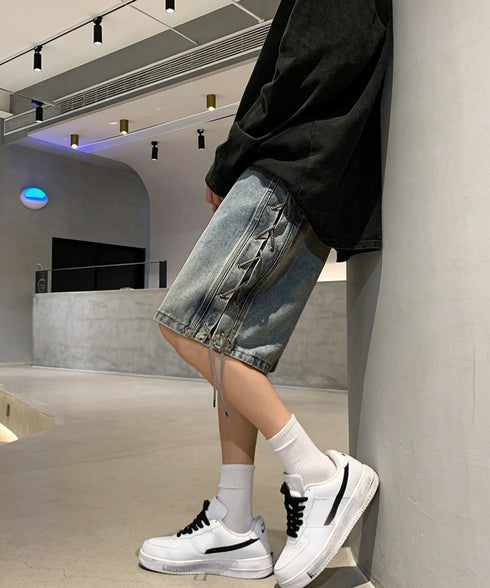 レースアップハーフデニムパンツメンズ夏服 韓国風男女兼用ハーフパンツストリート ワイド短パン ルーズデニムショーツ膝丈Y2K ウエストゴムダンスパンツユニセックス 84BOYUE-001
