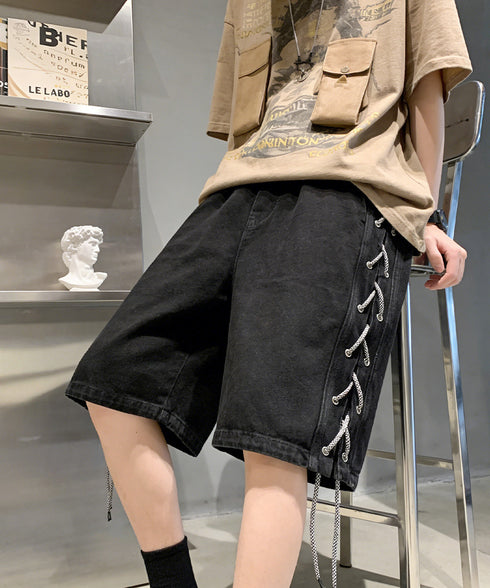 レースアップハーフデニムパンツメンズ夏服 韓国風男女兼用ハーフパンツストリート ワイド短パン ルーズデニムショーツ膝丈Y2K ウエストゴムダンスパンツユニセックス 84BOYUE-001
