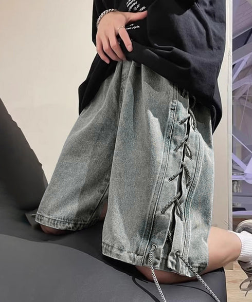 レースアップハーフデニムパンツメンズ夏服 韓国風男女兼用ハーフパンツストリート ワイド短パン ルーズデニムショーツ膝丈Y2K ウエストゴムダンスパンツユニセックス 84BOYUE-001