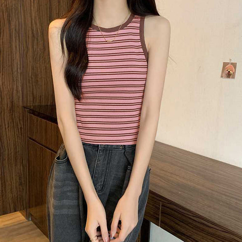 クロップド丈 タンクトップ ボーダー柄 レディース レトロ ノースリーブトップス パイピングカットソー アメカジ クルーネック ニットtシャツ おしゃれ 春秋夏 84CPMY-002