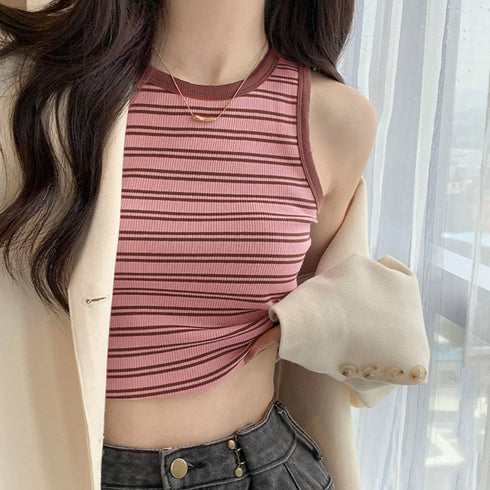 クロップド丈 タンクトップ ボーダー柄 レディース レトロ ノースリーブトップス パイピングカットソー アメカジ クルーネック ニットtシャツ おしゃれ 春秋夏 84CPMY-002