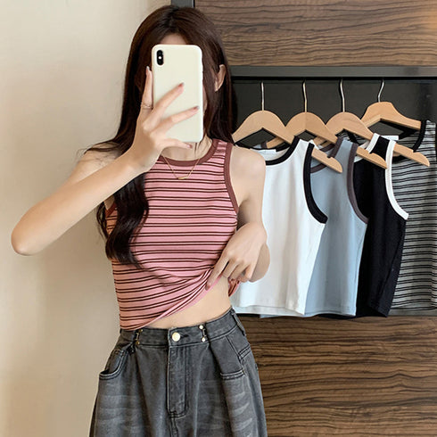 クロップド丈 タンクトップ ボーダー柄 レディース レトロ ノースリーブトップス パイピングカットソー アメカジ クルーネック ニットtシャツ おしゃれ 春秋夏 84CPMY-002