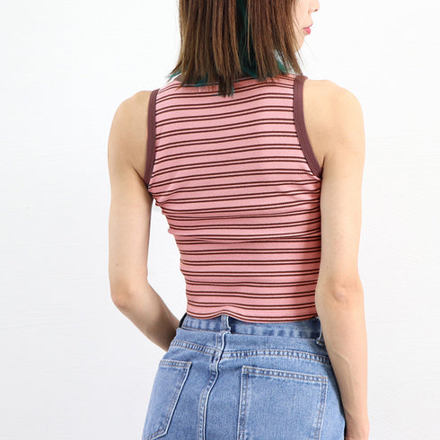 クロップド丈 タンクトップ ボーダー柄 レディース レトロ ノースリーブトップス パイピングカットソー アメカジ クルーネック ニットtシャツ おしゃれ 春秋夏 84CPMY-002