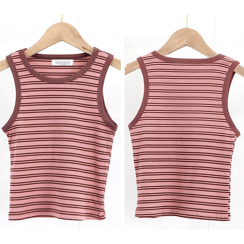 クロップド丈 タンクトップ ボーダー柄 レディース レトロ ノースリーブトップス パイピングカットソー アメカジ クルーネック ニットtシャツ おしゃれ 春秋夏 84CPMY-002
