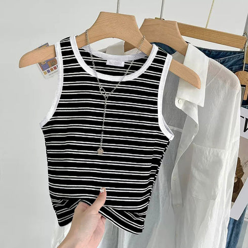 クロップド丈 タンクトップ ボーダー柄 レディース レトロ ノースリーブトップス パイピングカットソー アメカジ クルーネック ニットtシャツ おしゃれ 春秋夏 84CPMY-002