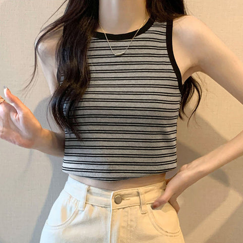 クロップド丈 タンクトップ ボーダー柄 レディース レトロ ノースリーブトップス パイピングカットソー アメカジ クルーネック ニットtシャツ おしゃれ 春秋夏 84CPMY-002