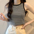 クロップド丈 タンクトップ ボーダー柄 レディース レトロ ノースリーブトップス パイピングカットソー アメカジ クルーネック ニットtシャツ おしゃれ 春秋夏 84CPMY-002