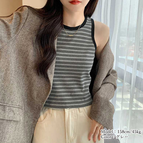 クロップド丈 タンクトップ ボーダー柄 レディース レトロ ノースリーブトップス パイピングカットソー アメカジ クルーネック ニットtシャツ おしゃれ 春秋夏 84CPMY-002