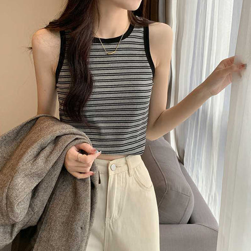 クロップド丈 タンクトップ ボーダー柄 レディース レトロ ノースリーブトップス パイピングカットソー アメカジ クルーネック ニットtシャツ おしゃれ 春秋夏 84CPMY-002