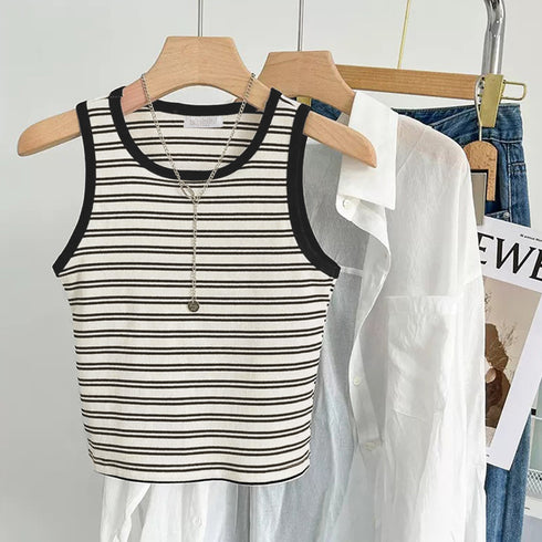 クロップド丈 タンクトップ ボーダー柄 レディース レトロ ノースリーブトップス パイピングカットソー アメカジ クルーネック ニットtシャツ おしゃれ 春秋夏 84CPMY-002