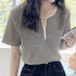 ヘンリーネック Tシャツ ボーダー柄半袖 レディース レトロ ニットトップス 薄手カットソー 大人カジュアル ニットプルオーバー おしゃれ 韓国ファッション 夏服 84CPMY-003