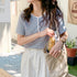 ヘンリーネック Tシャツ ボーダー柄半袖 レディース レトロ ニットトップス 薄手カットソー 大人カジュアル ニットプルオーバー おしゃれ 韓国ファッション 夏服 84CPMY-003