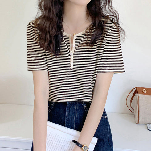 ヘンリーネック Tシャツ ボーダー柄半袖 レディース レトロ ニットトップス 薄手カットソー 大人カジュアル ニットプルオーバー おしゃれ 韓国ファッション 夏服 84CPMY-003