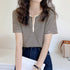 ヘンリーネック Tシャツ ボーダー柄半袖 レディース レトロ ニットトップス 薄手カットソー 大人カジュアル ニットプルオーバー おしゃれ 韓国ファッション 夏服 84CPMY-003