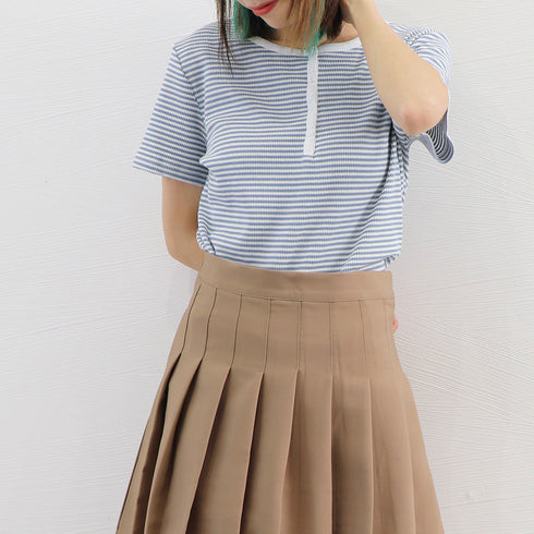 ヘンリーネック Tシャツ ボーダー柄半袖 レディース レトロ ニットトップス 薄手カットソー 大人カジュアル ニットプルオーバー おしゃれ 韓国ファッション 夏服 84CPMY-003