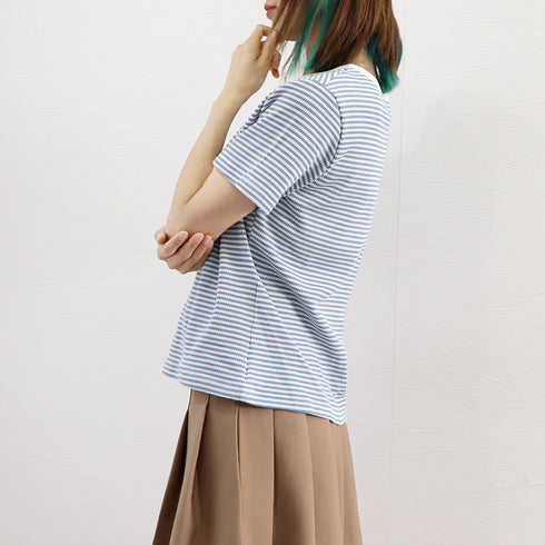 ヘンリーネック Tシャツ ボーダー柄半袖 レディース レトロ ニットトップス 薄手カットソー 大人カジュアル ニットプルオーバー おしゃれ 韓国ファッション 夏服 84CPMY-003