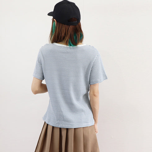 ヘンリーネック Tシャツ ボーダー柄半袖 レディース レトロ ニットトップス 薄手カットソー 大人カジュアル ニットプルオーバー おしゃれ 韓国ファッション 夏服 84CPMY-003
