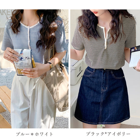 ヘンリーネック Tシャツ ボーダー柄半袖 レディース レトロ ニットトップス 薄手カットソー 大人カジュアル ニットプルオーバー おしゃれ 韓国ファッション 夏服 84CPMY-003
