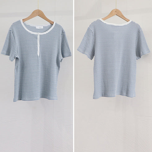 ヘンリーネック Tシャツ ボーダー柄半袖 レディース レトロ ニットトップス 薄手カットソー 大人カジュアル ニットプルオーバー おしゃれ 韓国ファッション 夏服 84CPMY-003