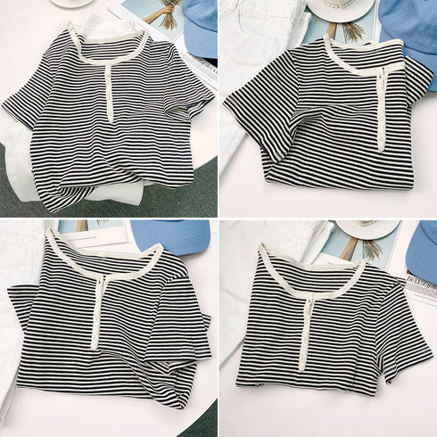 ヘンリーネック Tシャツ ボーダー柄半袖 レディース レトロ ニットトップス 薄手カットソー 大人カジュアル ニットプルオーバー おしゃれ 韓国ファッション 夏服 84CPMY-003
