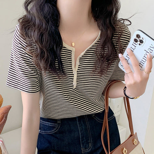 ヘンリーネック Tシャツ ボーダー柄半袖 レディース レトロ ニットトップス 薄手カットソー 大人カジュアル ニットプルオーバー おしゃれ 韓国ファッション 夏服 84CPMY-003