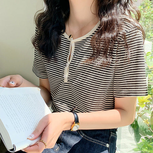 ヘンリーネック Tシャツ ボーダー柄半袖 レディース レトロ ニットトップス 薄手カットソー 大人カジュアル ニットプルオーバー おしゃれ 韓国ファッション 夏服 84CPMY-003