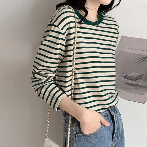 ボーダー柄tシャツ 長袖カットソー 春秋 レディース カラーボーダー ロンT ラウンドネック おしゃれ レトロTシャツ クルーネック プルオーバー 大人カジュアル 84CPMY-004