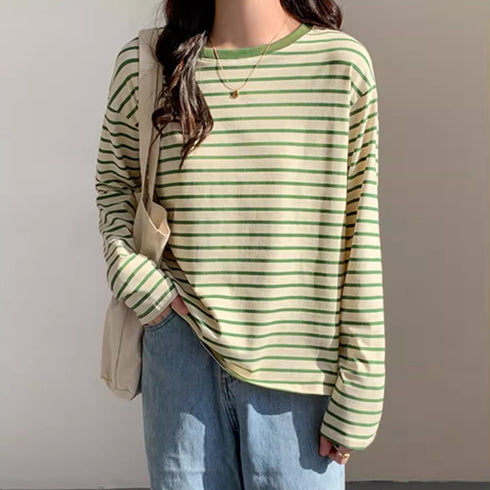 ボーダー柄tシャツ 長袖カットソー 春秋 レディース カラーボーダー ロンT ラウンドネック おしゃれ レトロTシャツ クルーネック プルオーバー 大人カジュアル 84CPMY-004