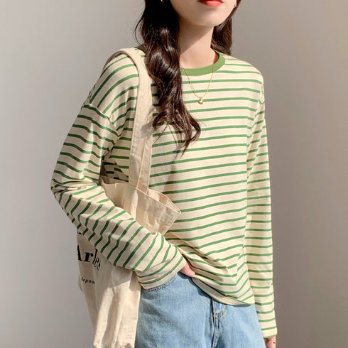 ボーダー柄tシャツ 長袖カットソー 春秋 レディース カラーボーダー ロンT ラウンドネック おしゃれ レトロTシャツ クルーネック プルオーバー 大人カジュアル 84CPMY-004