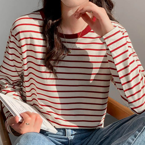 ボーダー柄tシャツ 長袖カットソー 春秋 レディース カラーボーダー ロンT ラウンドネック おしゃれ レトロTシャツ クルーネック プルオーバー 大人カジュアル 84CPMY-004